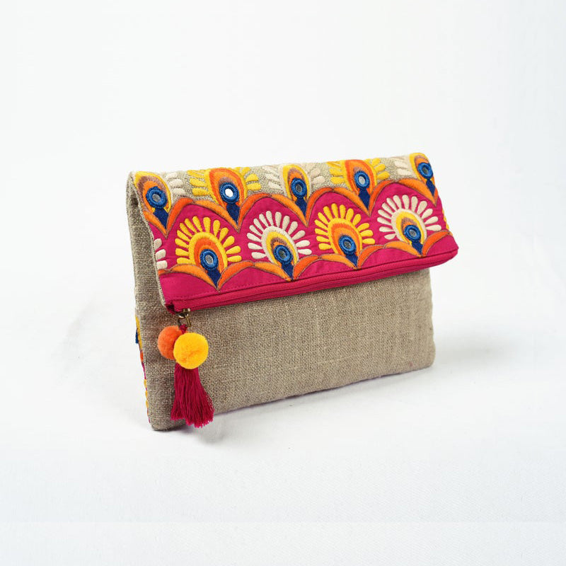 Foldover clutch, linen fabric handbag, embroidery, applique, boho bag