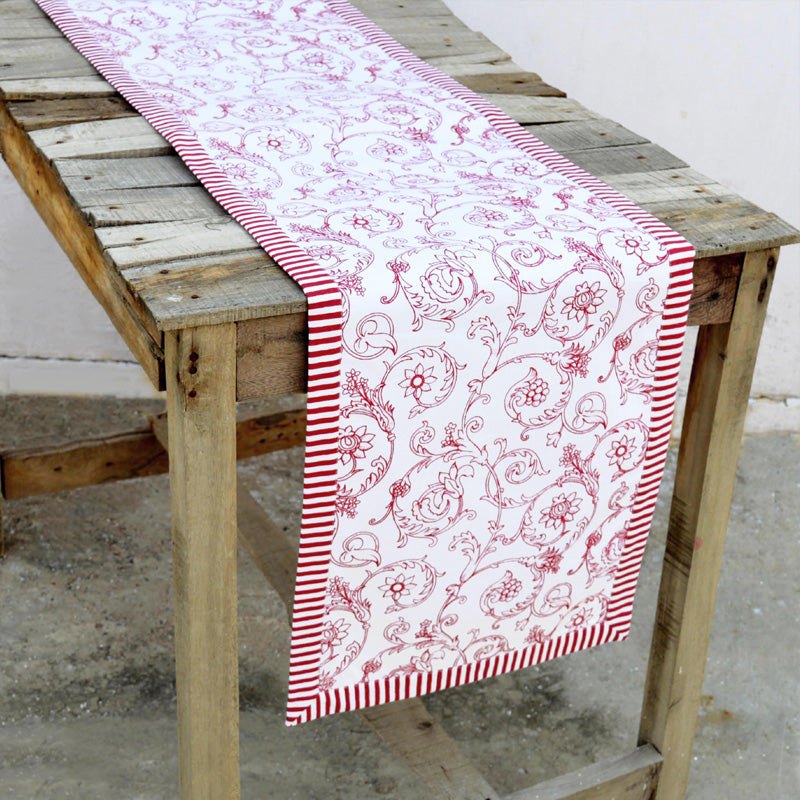 Red runner, swirl print, red stripe border, cotton table runner