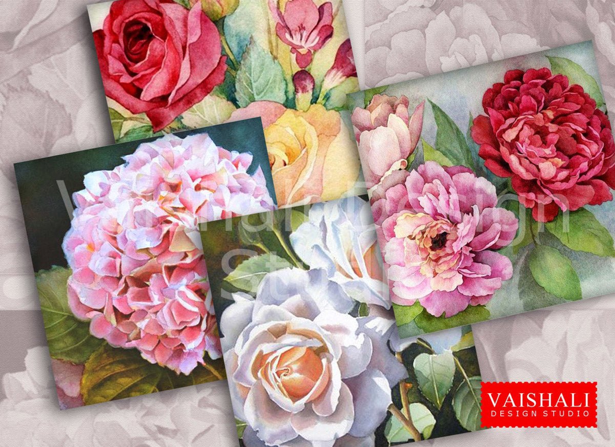 Watercolor floral, printable coasters, set of 4 designs, 3.8" x 3.8"