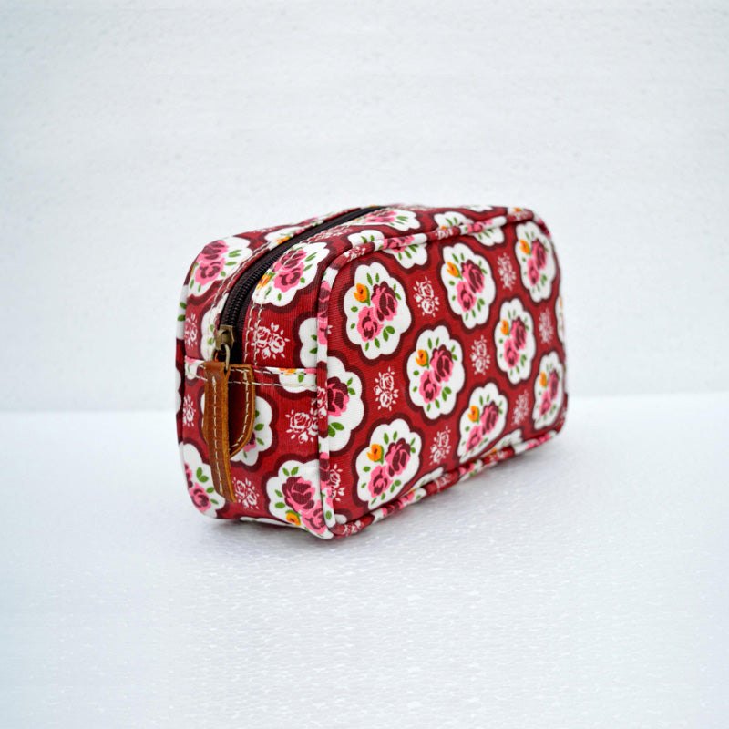Red toiletry bag, rose print, shabby chic, laminated bag, make up or cosmetic handbag, utility pouch