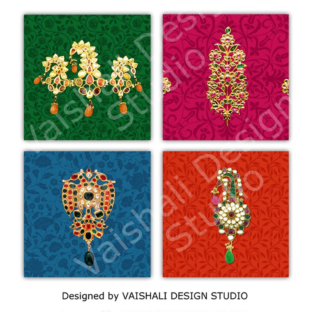 Jewel coasters, royal jewellery, Indian, printable coasters, set of 4 designs, 3.8" x 3.8"
