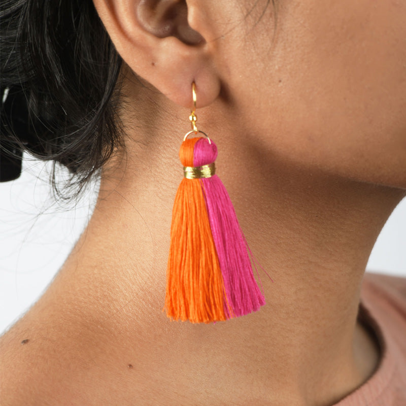 Tassel - Tri Color Cotton - Orange Thread Earrings newest - Boho - Bohemian