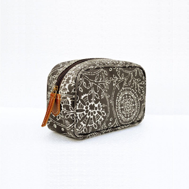 Grey toiletry bag, floral print, kalamkari print, laminated handbag, make up or cosmetic bag, utility pouch