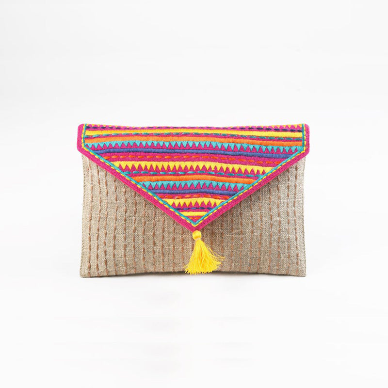 Tribal envelope clutch, linen purse, fold over, bohemian multi color handbag, 6X9 inches