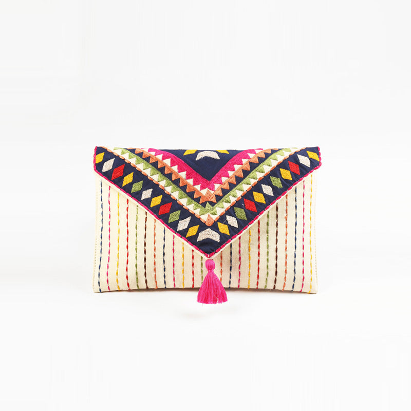 Tribal pouch, envelope clutch, off white colour handbag, foldover clutch, bohemian bag.