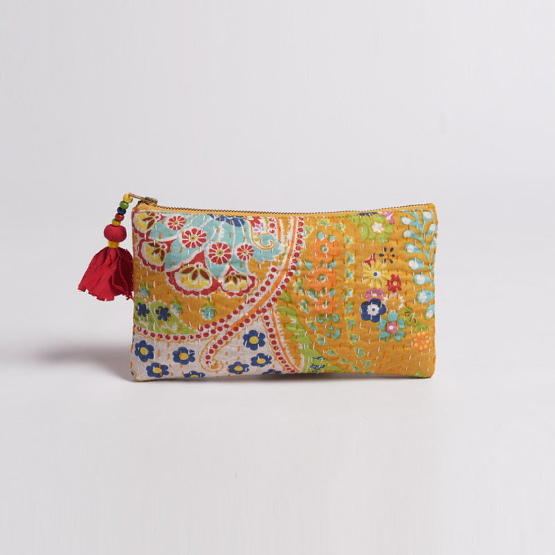 Yellow pouch, zipper purse, make up or cosmetic bag, utility pouch, kantha handbag