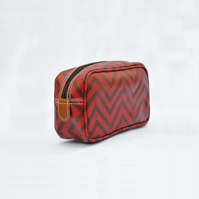 Red toiletry bag, chevron print, laminated bag, make up or cosmetic handbag, utility pouch