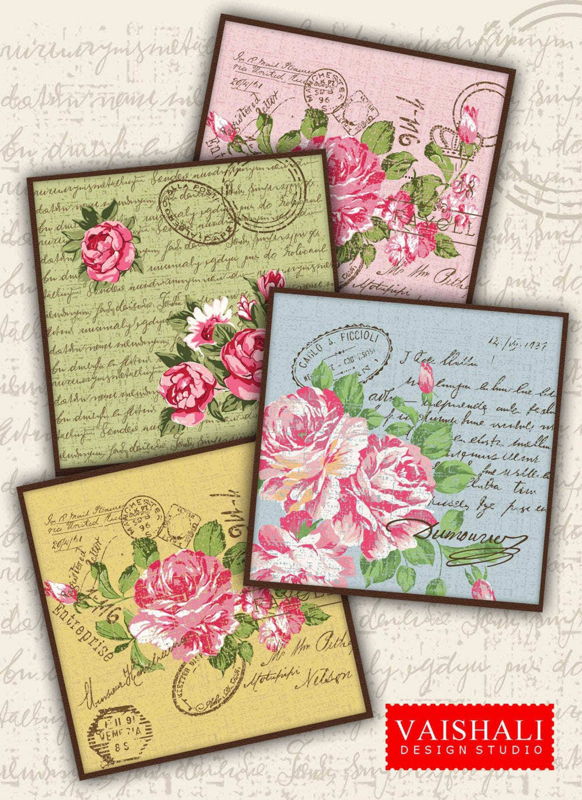Shabby chic, vintage rose print, french ephemera, printable coasters, set of 4 designs, 3.8"X3.8"