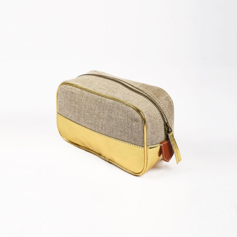 Toiletry bag, makeup bag, gold, faux leather, linen, make up handbag, cosmetic bag