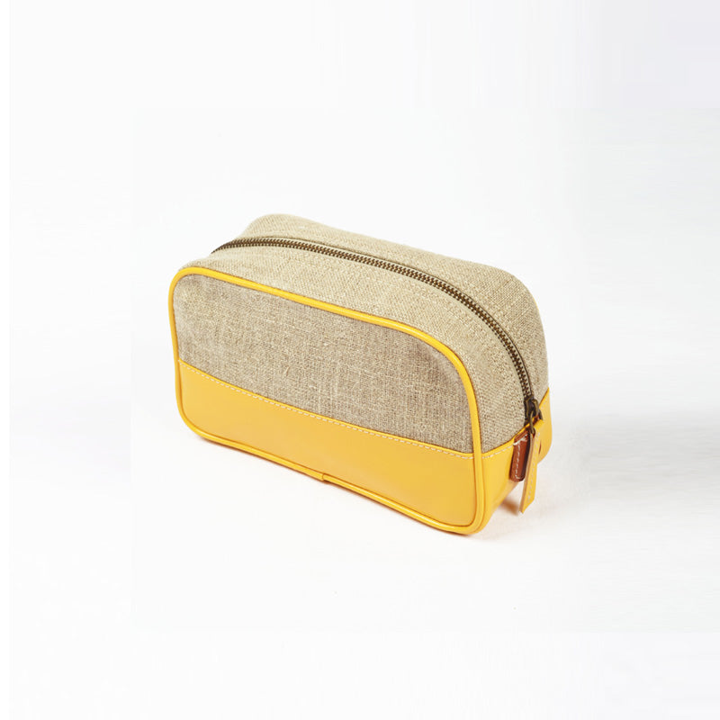 Toiletry bag, makeup handbag, yellow, linen, faux leather, cosmetic bag