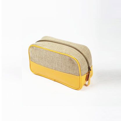 Toiletry bag, makeup handbag, yellow, linen, faux leather, cosmetic bag