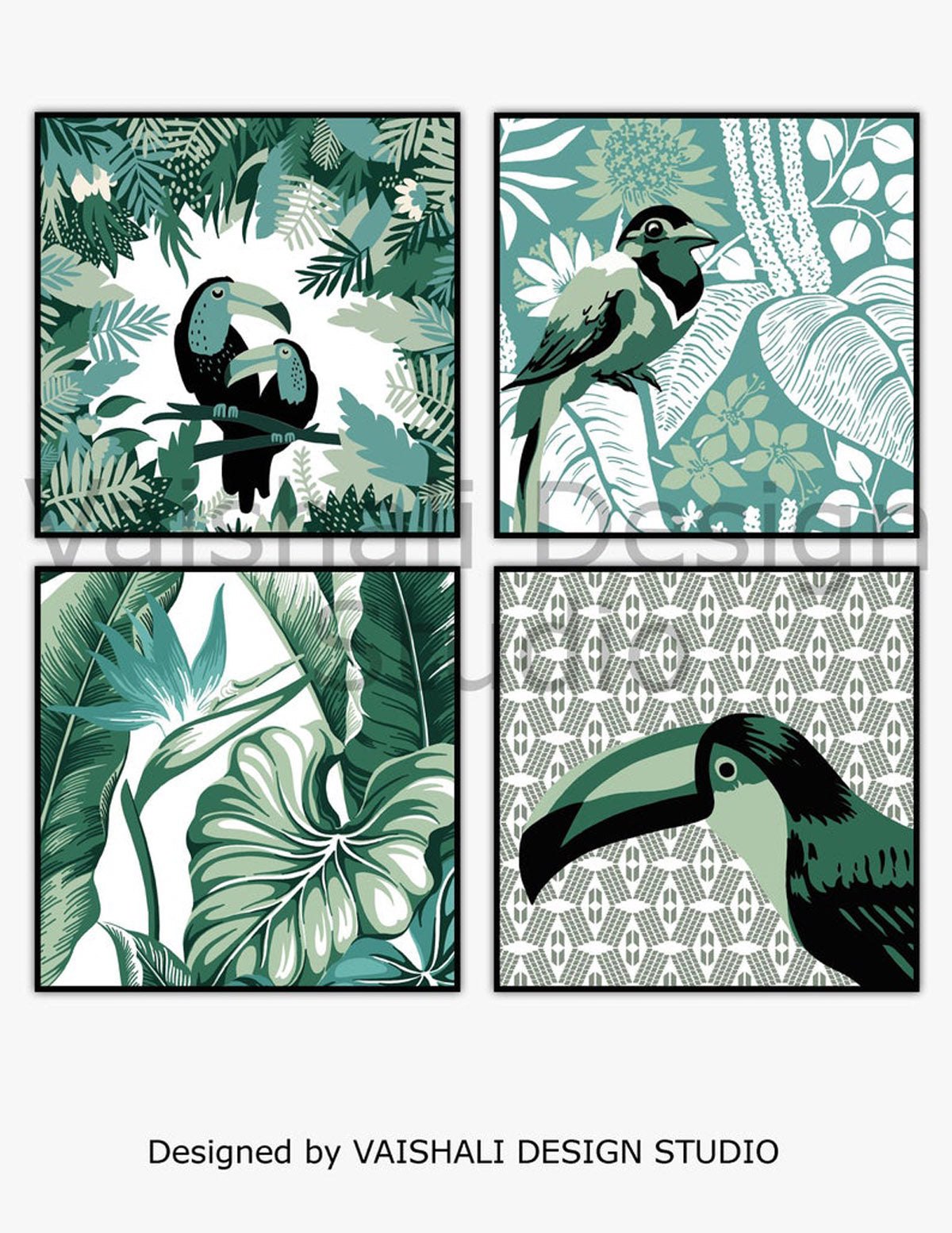 Tropical paradise, bird & leaves, printable coasters, set of 4 designs, 3.8"X3.8"