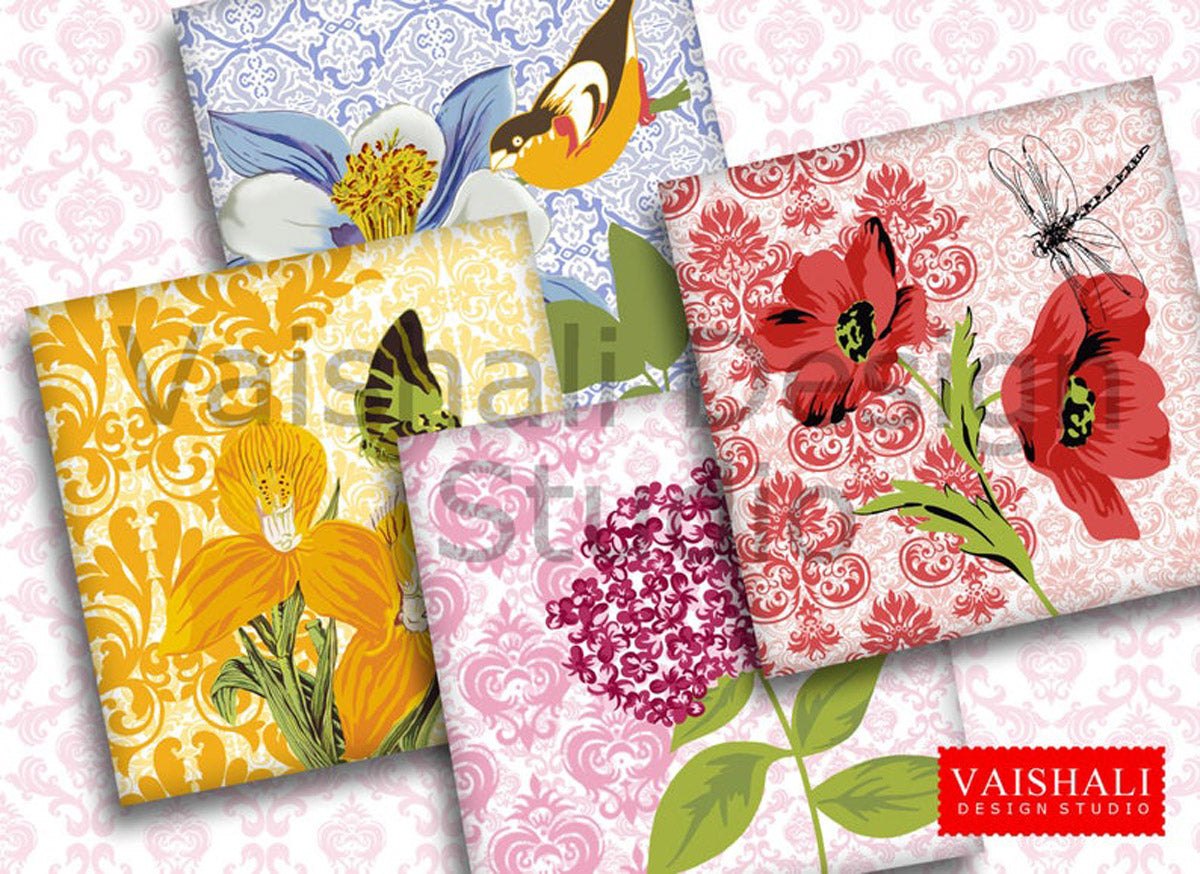 Floral coaster, tuscan garden, printable coasters, set of 4 designs, 3.8"X3.8"