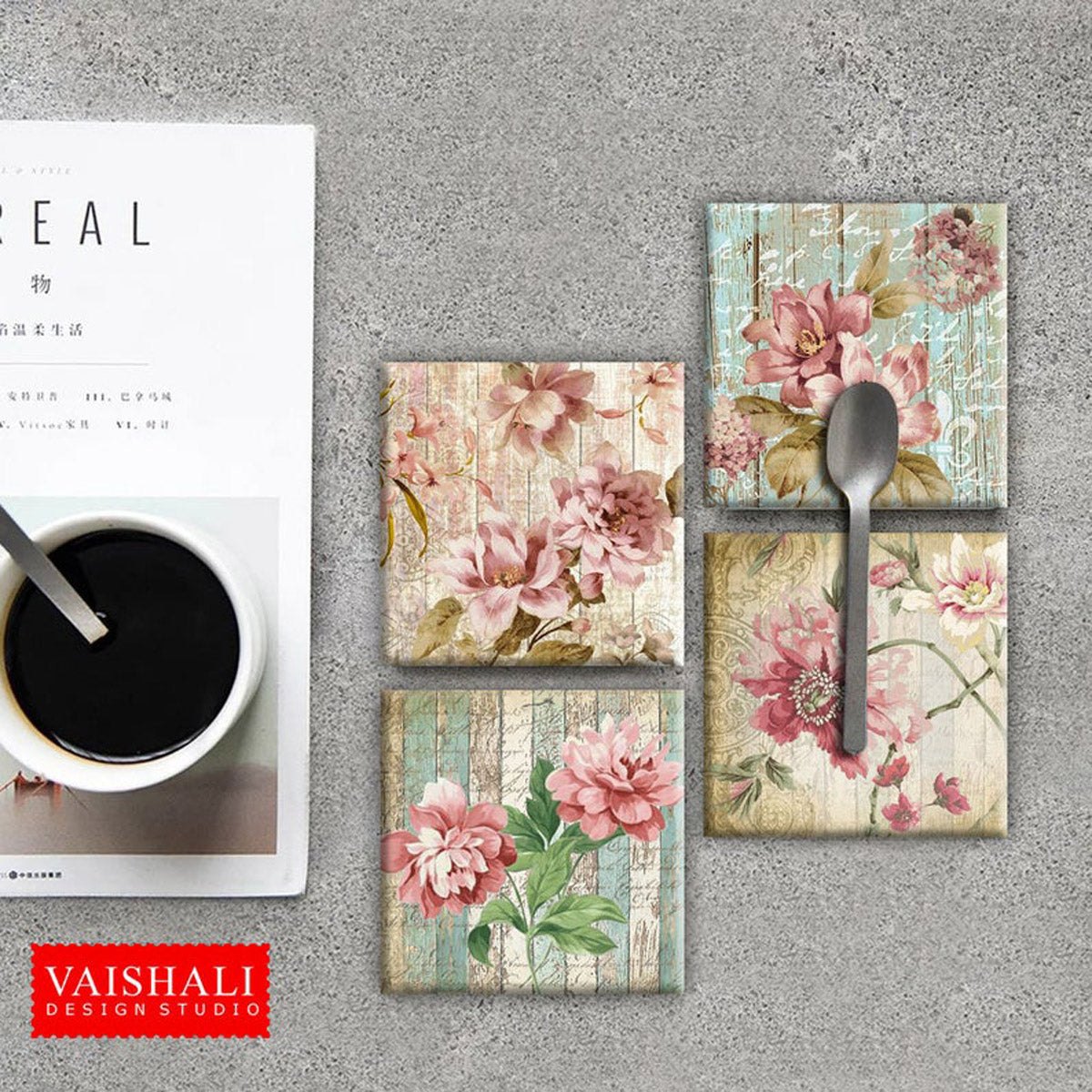 Vintage floral with wooden plank texture & script, printable coasters, set of 4 designs, 3.8"X3.8"