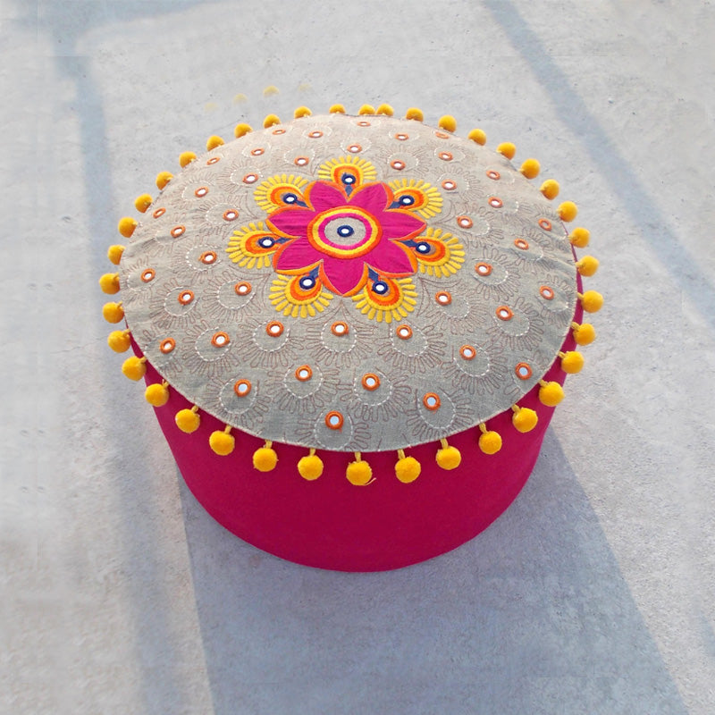 Pouf cover, linen, cotton, multicolor embroidery, tribal, bohemian, ottoman cover, pompoms, Indian craft, 22X12 inches