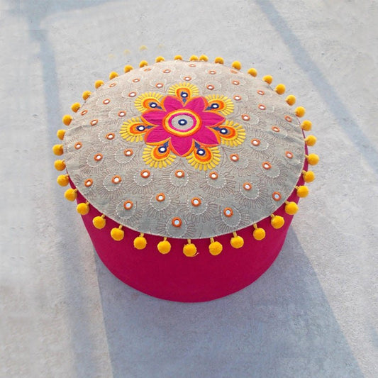 Pouf cover, linen, cotton, multicolor embroidery, tribal, bohemian, ottoman cover, pompoms, Indian craft, 22X12 inches