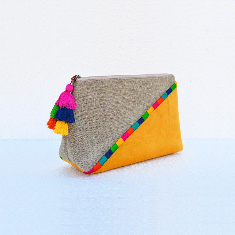 Yellow Boho pouch, colour block, linen velvet handbag, clutch bag,