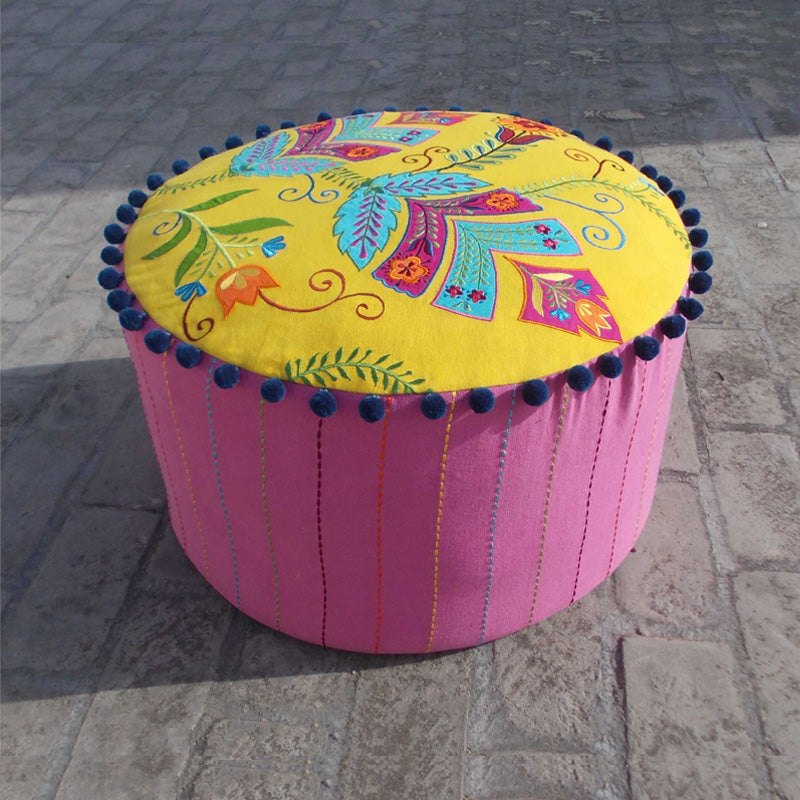 Stylized floral - embroidered yellow pouf cover