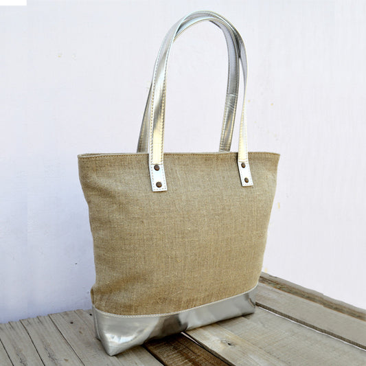 Tote bag, natural linen with silver faux leather, classic everyday bag.