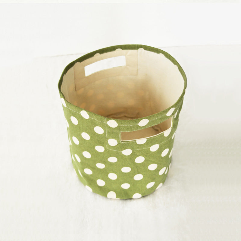 Canvas basket, polka dot print, green and off white, storage basket