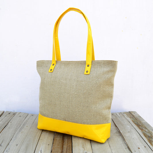 Tote bag, natural linen with yellow faux leather, classic everyday bag