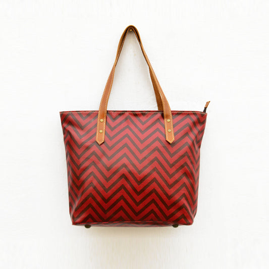 Red Tote bag, laminated cotton, chevron print, sheen finish, leather handles