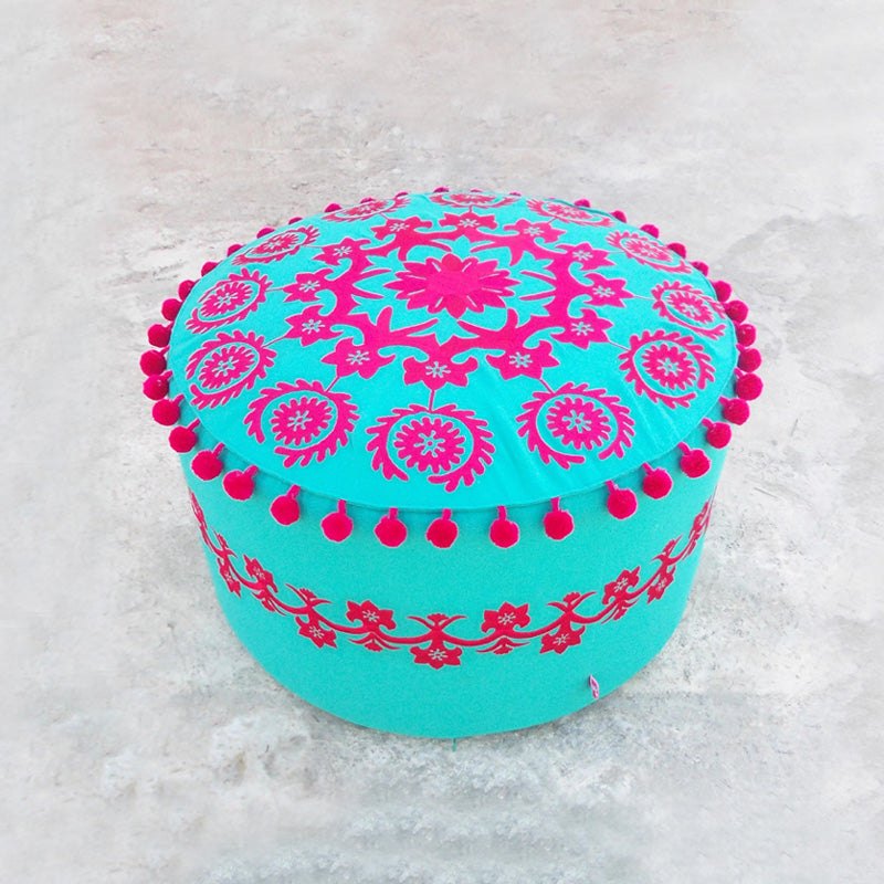 Suzani - Turquoise Pouf cover, embroidered bohemian ottoman cover with pompoms, 22X12 inches