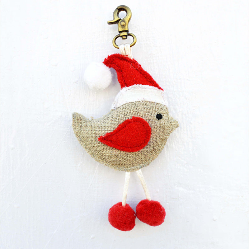 Christmas ornament, bird with cap, handmade tassel, holiday charm