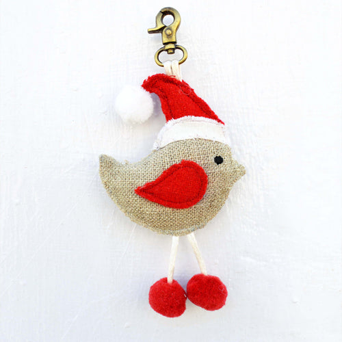 Christmas ornament, bird with cap, handmade tassel, holiday charm