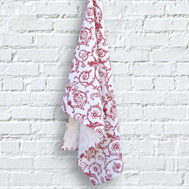 Kitchen towel, red swirl print on white, victorian pattern, 100% cotton, size 20"X28"