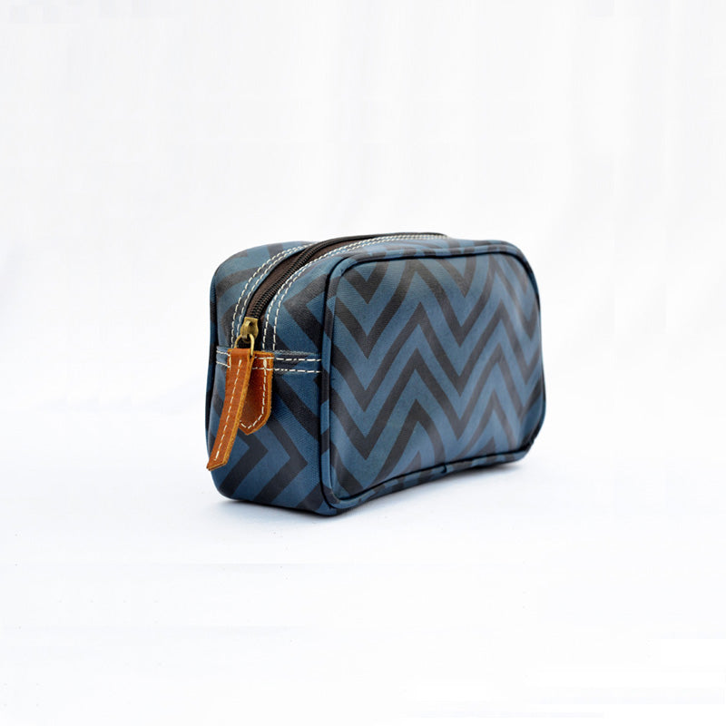 Blue toiletry handbag, chevron print, laminated bag, make up or cosmetic bag, utility pouch