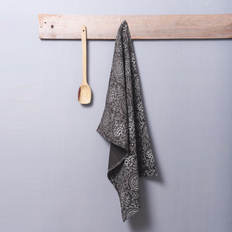 Dark brown Kitchen Towel, floral print, kalamkari, Indian ethnic, printed Tea Towel, 100% cotton, size 20"X28"