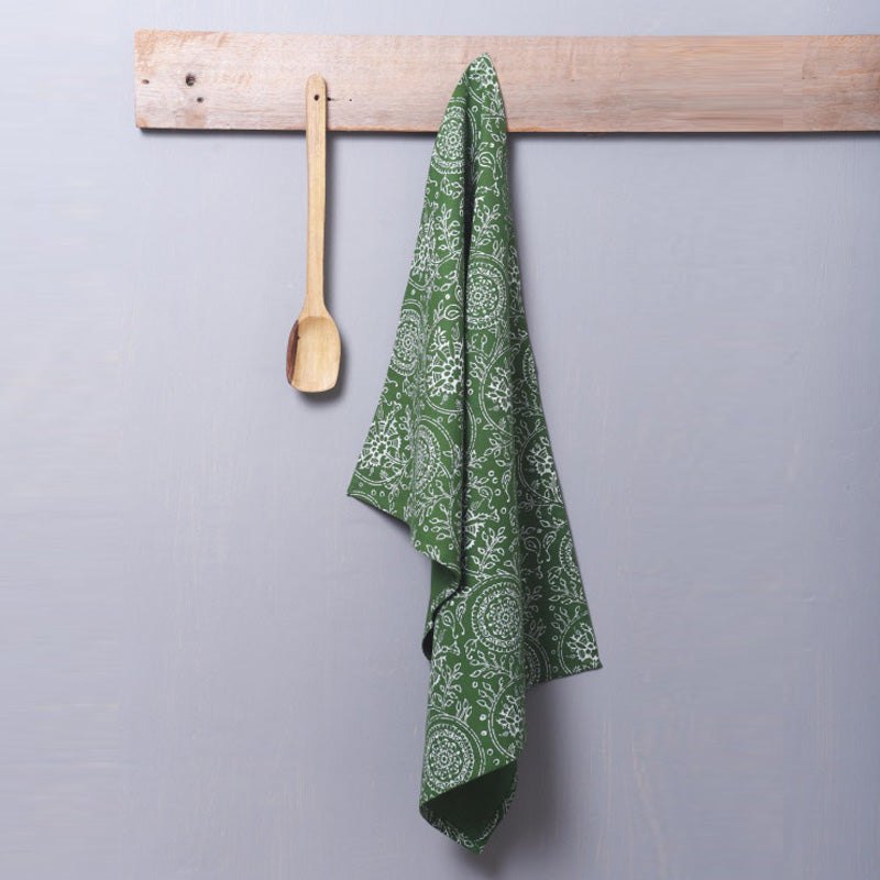 Green Kitchen Towel, floral print, kalamkari, Indian ethnic, printed Tea Towel, 100% cotton, size 20"X28"