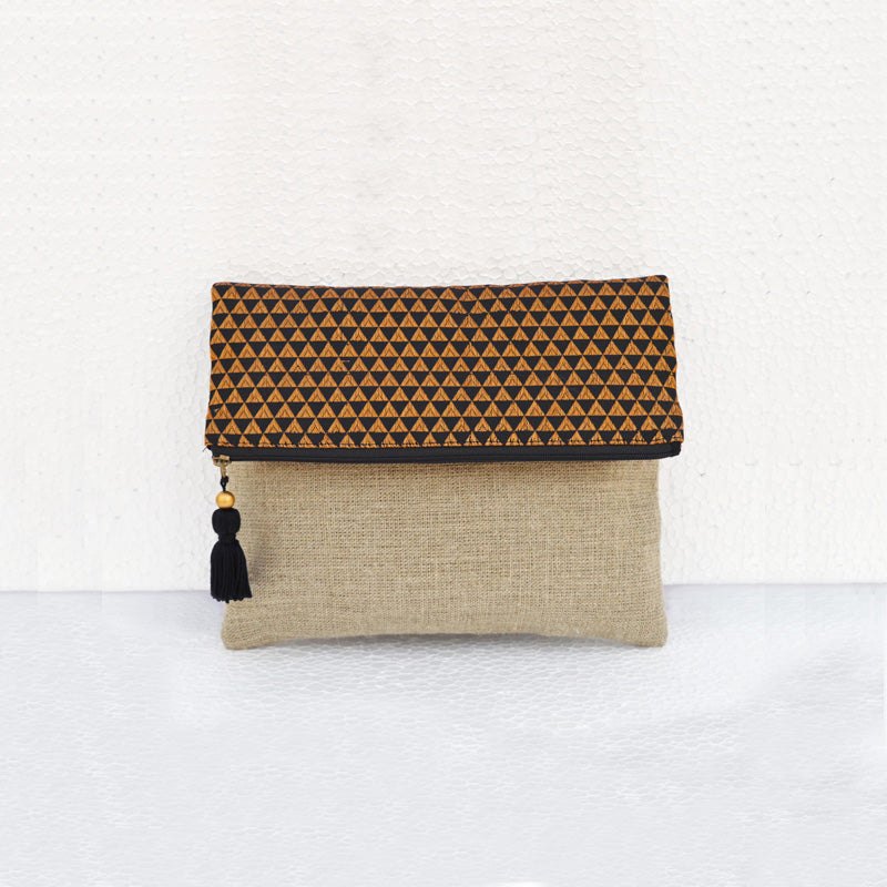 Boho linen and brocade foldover clutch, linen, black and gold colour
