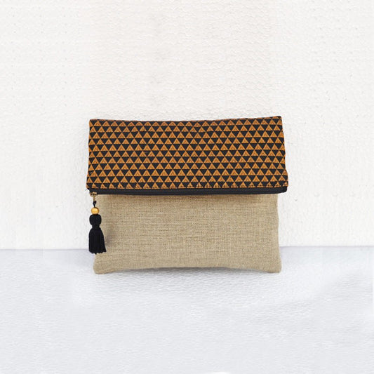Boho linen and brocade foldover clutch, linen, black and gold colour
