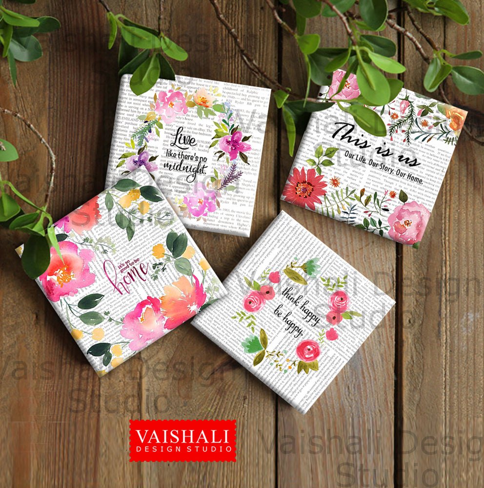 Watercolour florals with quotes, printable coasters, set of 4 designs, 3.8"X3.8"