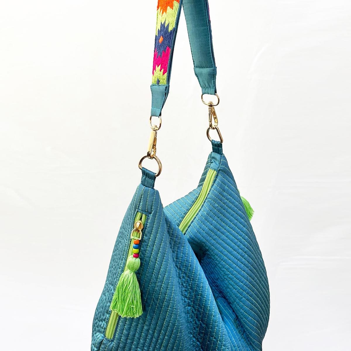 Faux Silk quilted HOBO Bag, Turquoise, hand embroidered handle, Gift for her