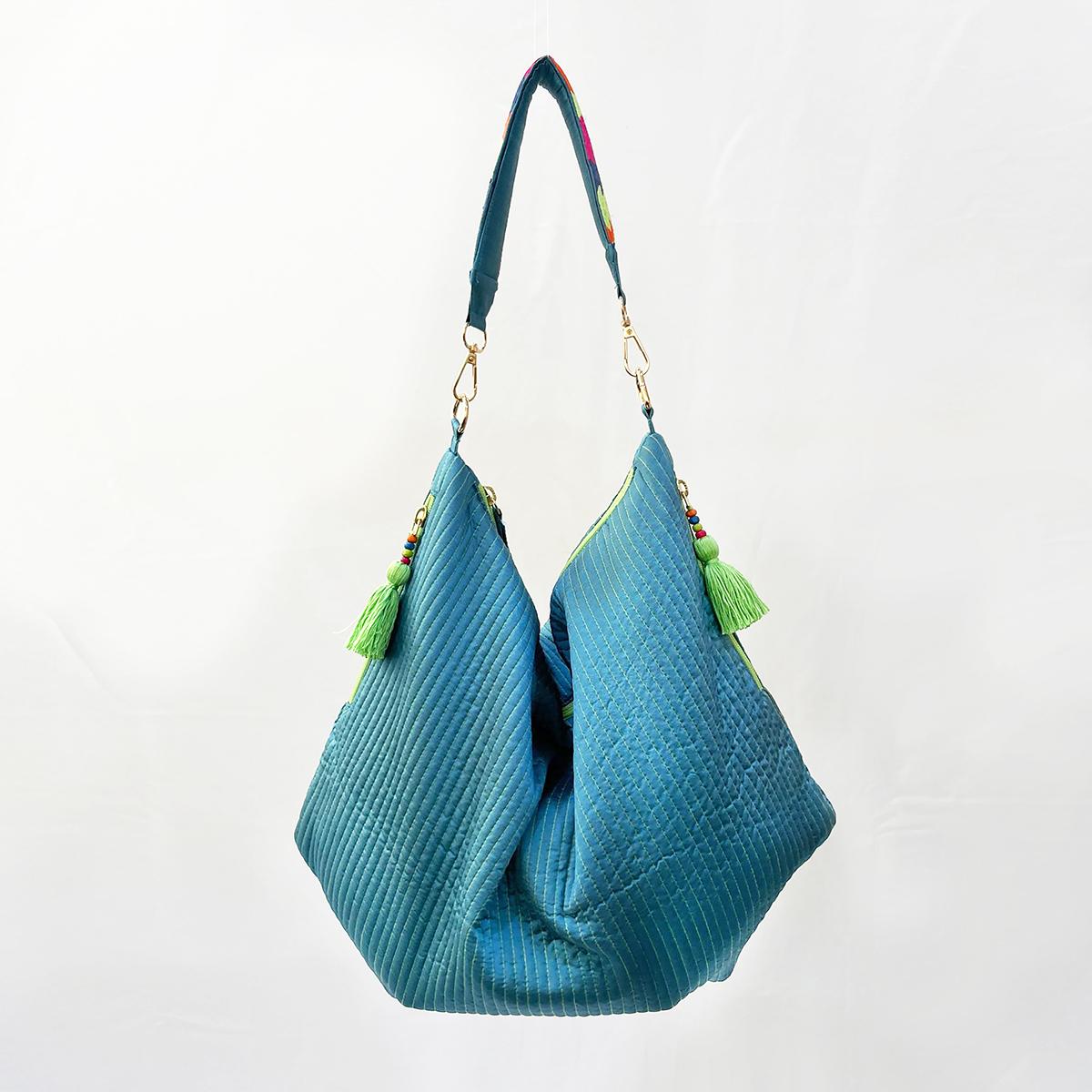 Faux Silk quilted HOBO Bag, Turquoise, hand embroidered handle, Gift for her