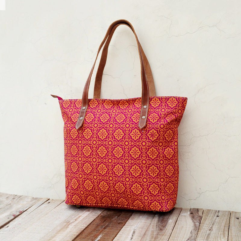 Tote bag, laminated cotton, Orange and pink bag, retro print, leather trims