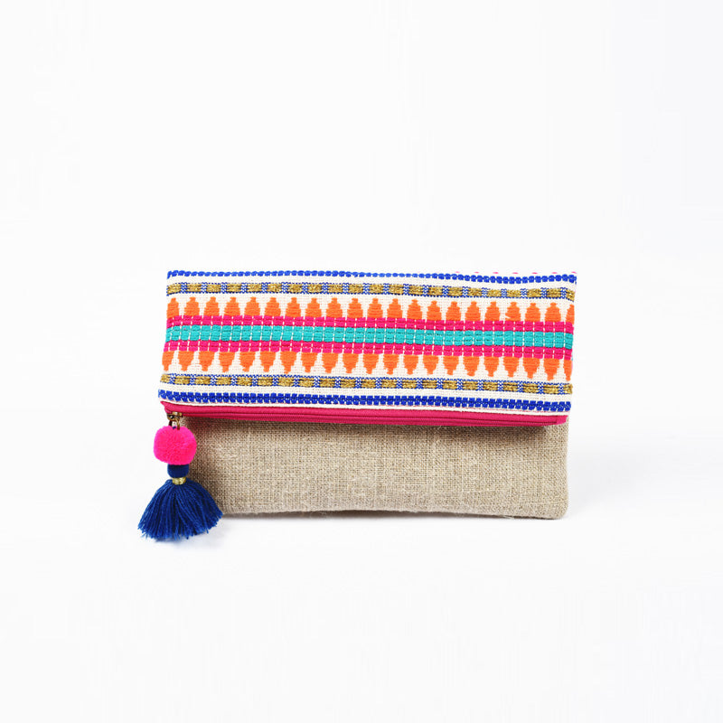 Boho linen foldover clutch, Moroccan multicolored acrylic