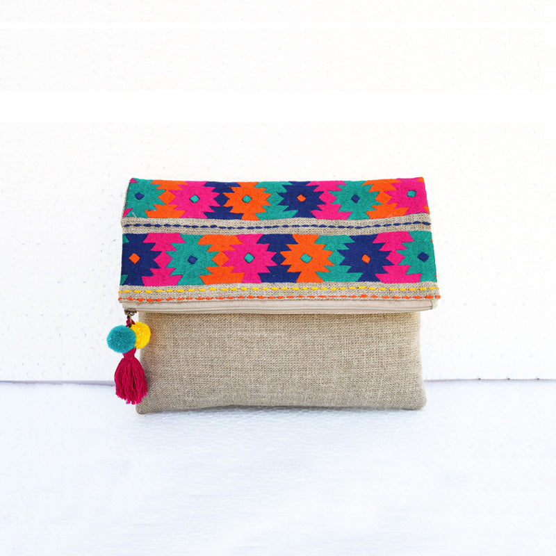 Boho pouch, linen bag, kilim pattern, moroccan, foldover embroidered clutch