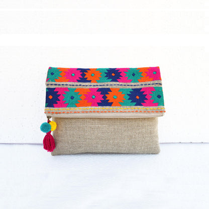 Boho pouch, linen bag, kilim pattern, moroccan, foldover embroidered clutch