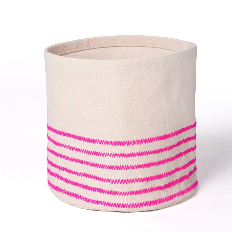 Storage basket, embroidered, bright pink acrylic wool on canvas fabric, laundry hamper, fabric bucket, sizes available