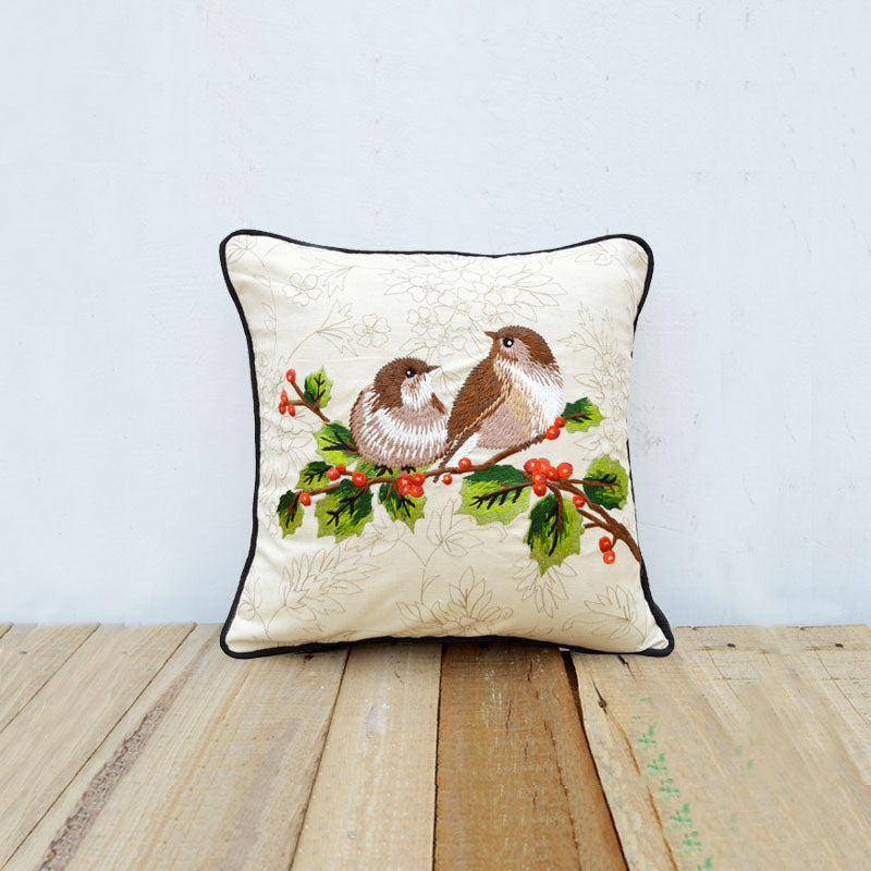 Love Birds pillow cover, embroidered cotton cushion cover, cotton throw pillow