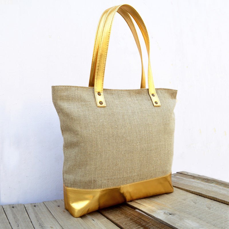 Tote bag, natural linen with gold faux leather, classic everyday bag.