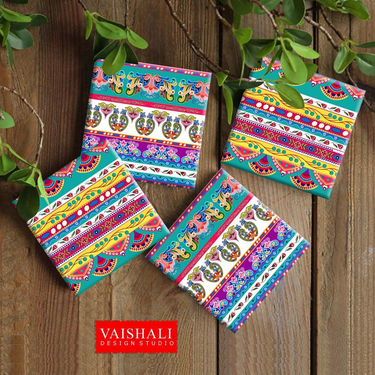 Truck art pattern, multicolored, bright & vibrant printable coasters 3.8"x3.8"