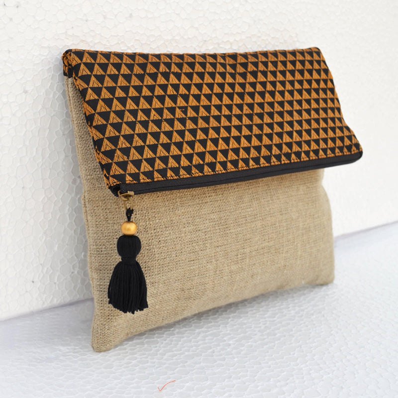 Boho linen and brocade foldover clutch, linen, black and gold colour