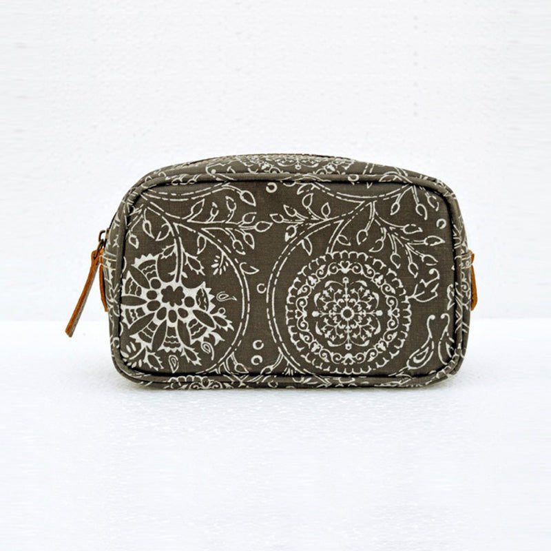 Grey toiletry bag, floral print, kalamkari print, laminated handbag, make up or cosmetic bag, utility pouch