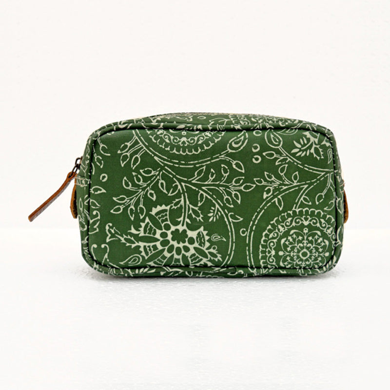 Green toiletry handbag, floral print, kalamkari print, make up or cosmetic bag, utility pouch