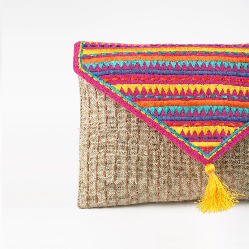 Tribal envelope clutch, linen purse, fold over, bohemian multi color handbag, 6X9 inches